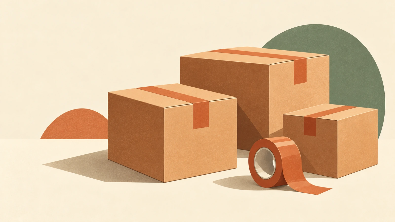 Flat illustration: three sealed cardboard cartons in three sizes, each taped once across the lid, with a roll of packing tape standing on its edge in front of them and a short length unrolled along the ground.